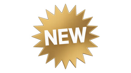 A shiny gold starburst badge featuring the prominent white 3D letters "NEW", ideal for promotions, product launches, or special announcements. background removed