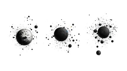 Abstract Space Illustration with Black Planets and Cosmic Dust against White Background