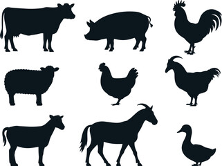 PrintCollection of farm animal silhouettes including cow, pig, rooster, sheep, goat, horse, chicken, duck, perfect for agriculture projects and vector design use