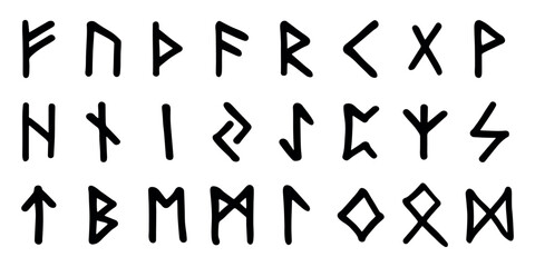 Set of hand drawn viking runes Ancient scandinavian futhark germanic celtic alphabet clipart in doodle style Single element for print, web, design, decor