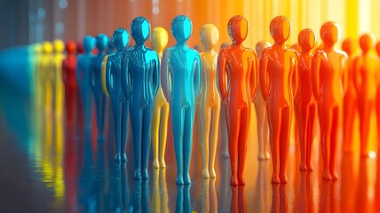 Row of colorful 3D rendered human-like figures. Diverse group of metallic mannequins. Concept banner template of diversity, teamwork, equality, and unity.