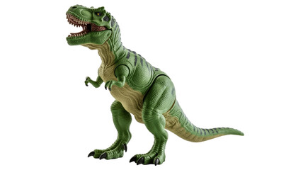 Fototapeta premium A detailed green Tyrannosaurus Rex toy stands, mouth open, showcasing realistic textures and black stripes against a solid transparent background. background removed