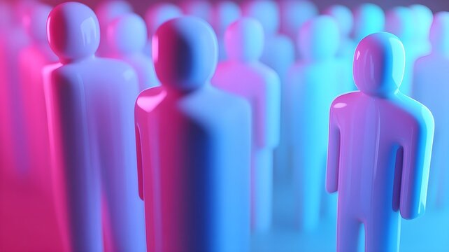 Group of abstract human figure models in line. Social network and community inclusion concept. Digital identity and representation banner template.