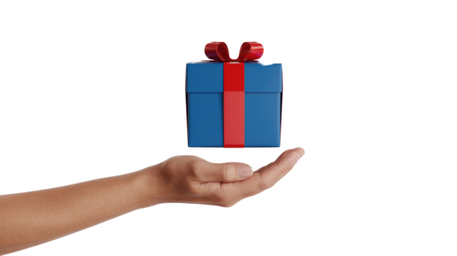 A hand presents a floating blue gift box with a red ribbon and bow, symbolizing generosity, celebration, or a special offer. background removed