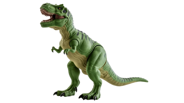 A detailed green Tyrannosaurus Rex toy stands, mouth open, showcasing realistic textures and black stripes against a solid transparent background. background removed