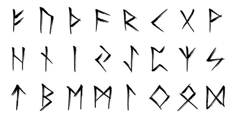 Set of hand drawn viking runes Ancient scandinavian futhark germanic celtic alphabet clipart in doodle style Single element for print, web, design, decor