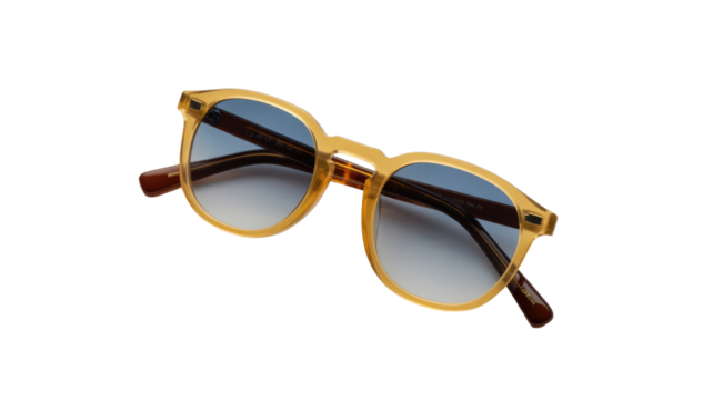 Stylish translucent amber-framed sunglasses with gradient blue lenses and dark brown temples, offering a classic yet modern look. background removed