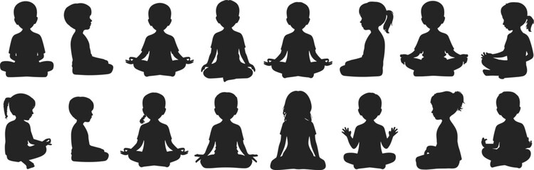 PrintSilhouette children practicing meditation and yoga poses, peaceful mindfulness illustration for wellness, relaxation, calmness, educational materials, vector design artwork