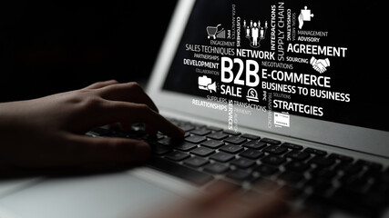 A close-up of hands typing on a laptop keyboard, illustrating business-to-business concepts with keywords related to e-commerce, sales networks, and strategic agreements. Tessel