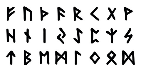 Set of hand drawn viking runes Ancient scandinavian futhark germanic celtic alphabet clipart in doodle style Single element for print, web, design, decor