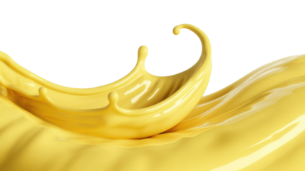 Dynamic yellow liquid splash against a solid transparent background, showing smooth, creamy texture and fluid motion with droplets and waves. background removed