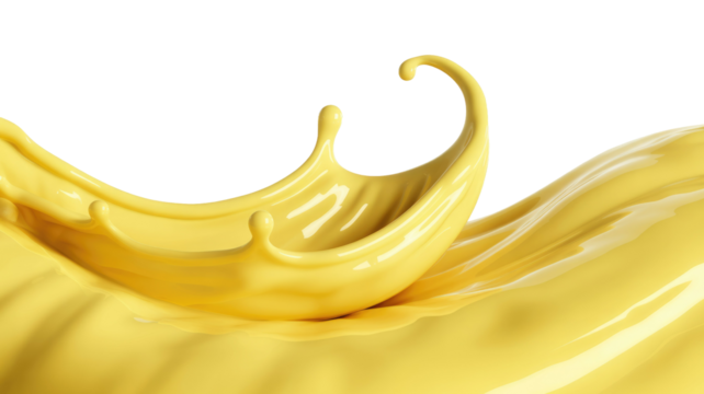 Dynamic yellow liquid splash against a solid transparent background, showing smooth, creamy texture and fluid motion with droplets and waves. background removed