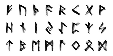 Set of hand drawn viking runes Ancient scandinavian futhark germanic celtic alphabet clipart in doodle style Single element for print, web, design, decor
