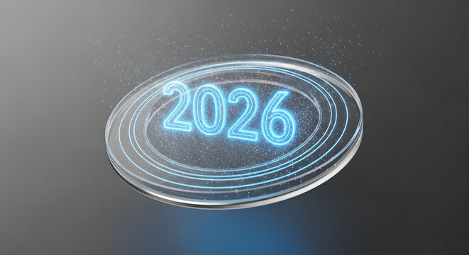 Futuristic 2026 glowing neon date on transparent glass disc for modern technology themes - Powered by Adobe
