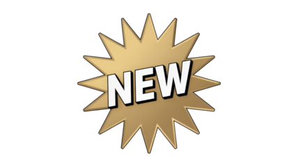 A golden starburst badge with the word "NEW" in bold white letters, featuring a 3D effect. Ideal for promotions and product launches. background removed