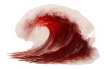 Powerful red wave breaking, symbolizing overwhelming force, danger, or a destructive natural disaster on transparent background