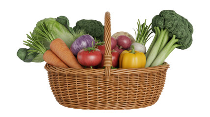 A wicker basket brimming with a colorful variety of fresh vegetables: carrots, tomatoes, broccoli, lettuce, bell pepper, and onions. background removed