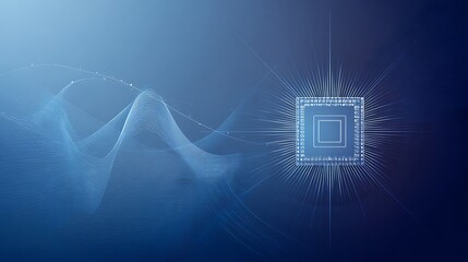 AI processor chip on futuristic blue digital technology background. Quantum data computing concept.