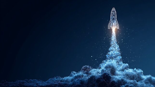 Digital Rocket Launch for Start-up. Futuristic Concept of Rapid Growth and Technology Boost.