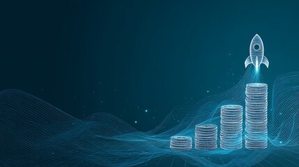 Digital Rocket, coins, and graph chart. Abstract growing diagrams and a stack of dollar coins. Spaceship boosts the statistic candle. Low poly wireframe vector illustration in blue hologram style.