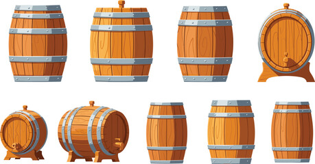 Wooden barrel cartoon illustration set, upright and side view, liquid storage icon, brewing container clipart, vintage tap  © rakib's world