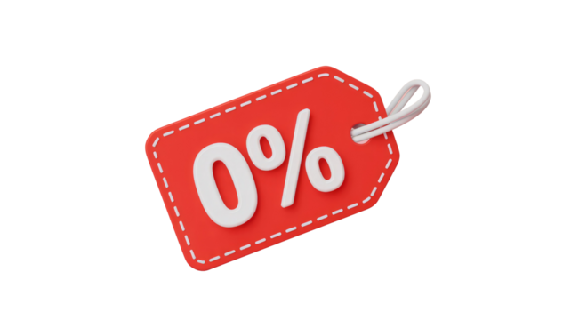A vibrant 3D red price tag displaying '0%' in white, signifying zero percent interest, discount, or commission. Ideal for financial promotions and sales. background removed