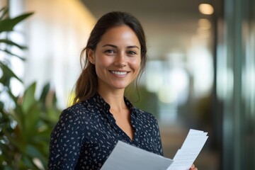 Smiling accountant holds paperwork at a modern office, presenting a friendly yet professional demeanor while working on financial tasks, Generative AI