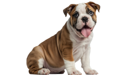 An adorable, happy bulldog puppy with brown and white fur sits panting, looking forward with its tongue out on a transparent background. background removed