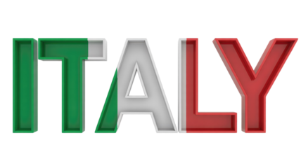 Bold 3D rendering of the word 'ITALY' with each letter dynamically colored in green, white, and red, representing the Italian flag. background removed