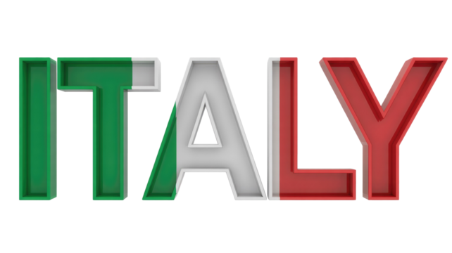 Bold 3D rendering of the word 'ITALY' with each letter dynamically colored in green, white, and red, representing the Italian flag. background removed