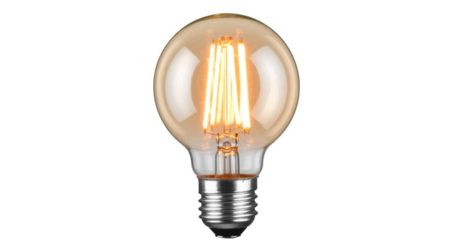 A warm, glowing LED filament bulb, resembling a vintage Edison design, isolated against a solid transparent background, emitting cozy light. background removed