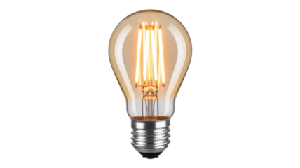 A vintage-style LED filament light bulb glows warmly, showcasing its amber glass and classic design on a solid background. background removed