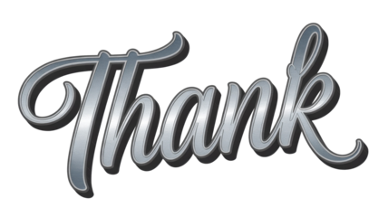 Stylish brushed silver 'Thank' text graphic in a beautiful script font, featuring a prominent 3D shadow effect, on a solid dark transparent background. background removed