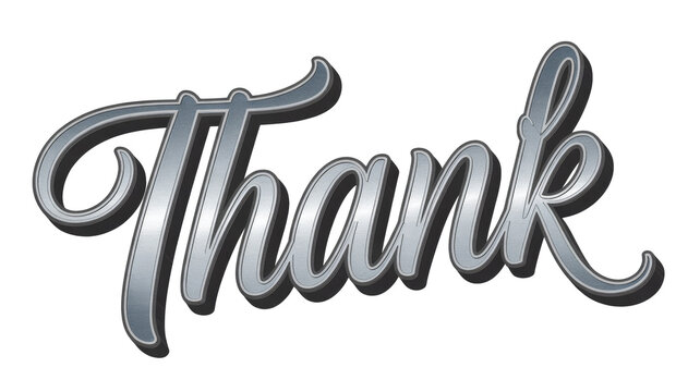 Stylish brushed silver 'Thank' text graphic in a beautiful script font, featuring a prominent 3D shadow effect, on a solid dark transparent background. background removed
