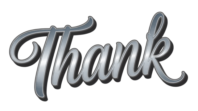 Stylish brushed silver 'Thank' text graphic in a beautiful script font, featuring a prominent 3D shadow effect, on a solid dark transparent background. background removed - Powered by Adobe