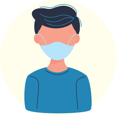 Portrait of a man wearing a light blue face mask and a teal crewneck long sleeve shirt isolated on a cream circle background