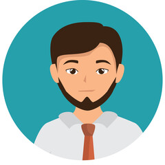 Portrait of a Man with Brown Hair and Beard Wearing a White Shirt and Orange Tie Against a Teal Circular Background