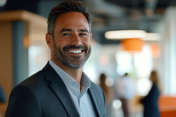 Confident businessman smiles in a modern office setting, exuding professionalism and self-assurance while interacting with colleagues, Generative AI