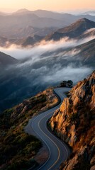 High quality image of scenic mountain road winding through the hills in corsica at sunset.