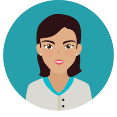 Portrait Of A Woman With Short Brown Hair Wearing A Grey Shirt With Blue Trim In A Teal Circle Against A Transparent Background