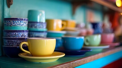 High quality image of stacks of colorful cups and saucers on a shelf in a vintage cafe.