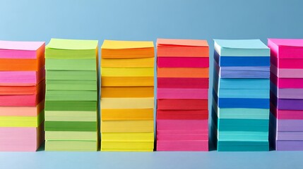 High quality image of stacks of colorful sticky notes in a row against a light blue background.