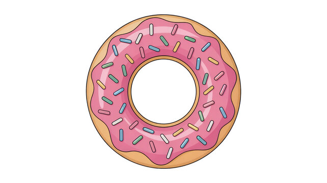 A delightful cartoon donut with vibrant pink icing and an array of colorful sprinkles, a classic sweet treat illustration. background removed