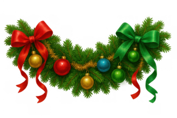 Christmas garland creating a festive border, featuring green fir branches, shiny baubles, golden tinsel, and elegant silk bows. Transparent background