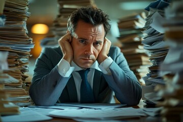 Serious accountant reflects on financial paperwork, sitting deep in thought as they analyze data and make key decisions, Generative AI