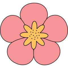 Simple Pink Flower Illustration With Yellow Center And Transparent Background And Black Outline