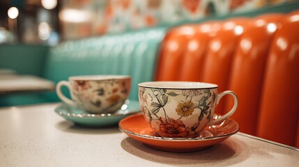 High quality image of two floral teacups on a table in a retro diner with orange booth.