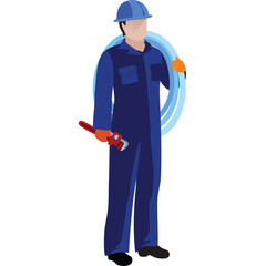 Plumber in blue uniform holding a wrench and coiled pipe against a transparent background illustration