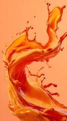 High quality image of vibrant splash of orange juice frozen in motion against a peach background.