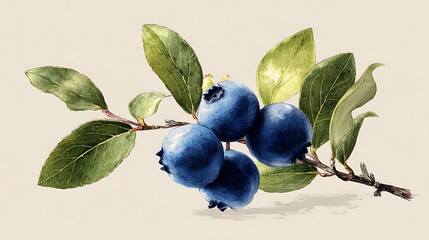 High quality image of watercolor illustration of a blueberry branch with leaves on a beige background.